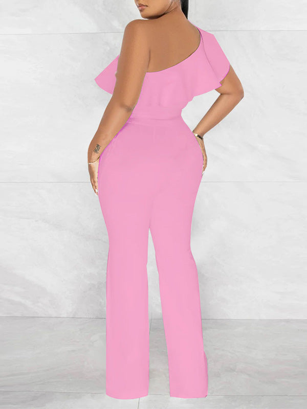 One-Shoulder-Jumpsuit mit Rüschen und Bindeband