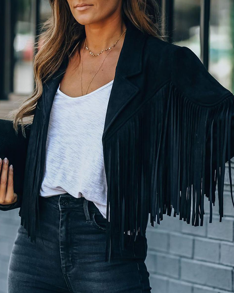 Faux Suede Fringe Jacket Black