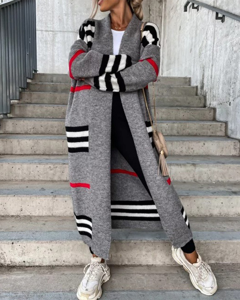 Striped Knitted Cardigan Grey