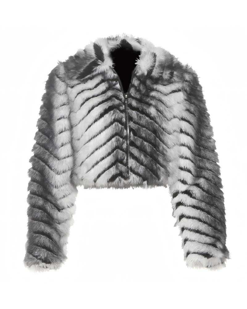 Faux Fur Tiger Print Cropped Oversized Plush Coat