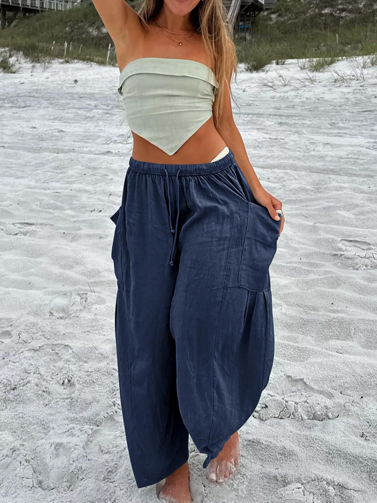 Casual High Waist Cotton Linen Wide Leg Pants