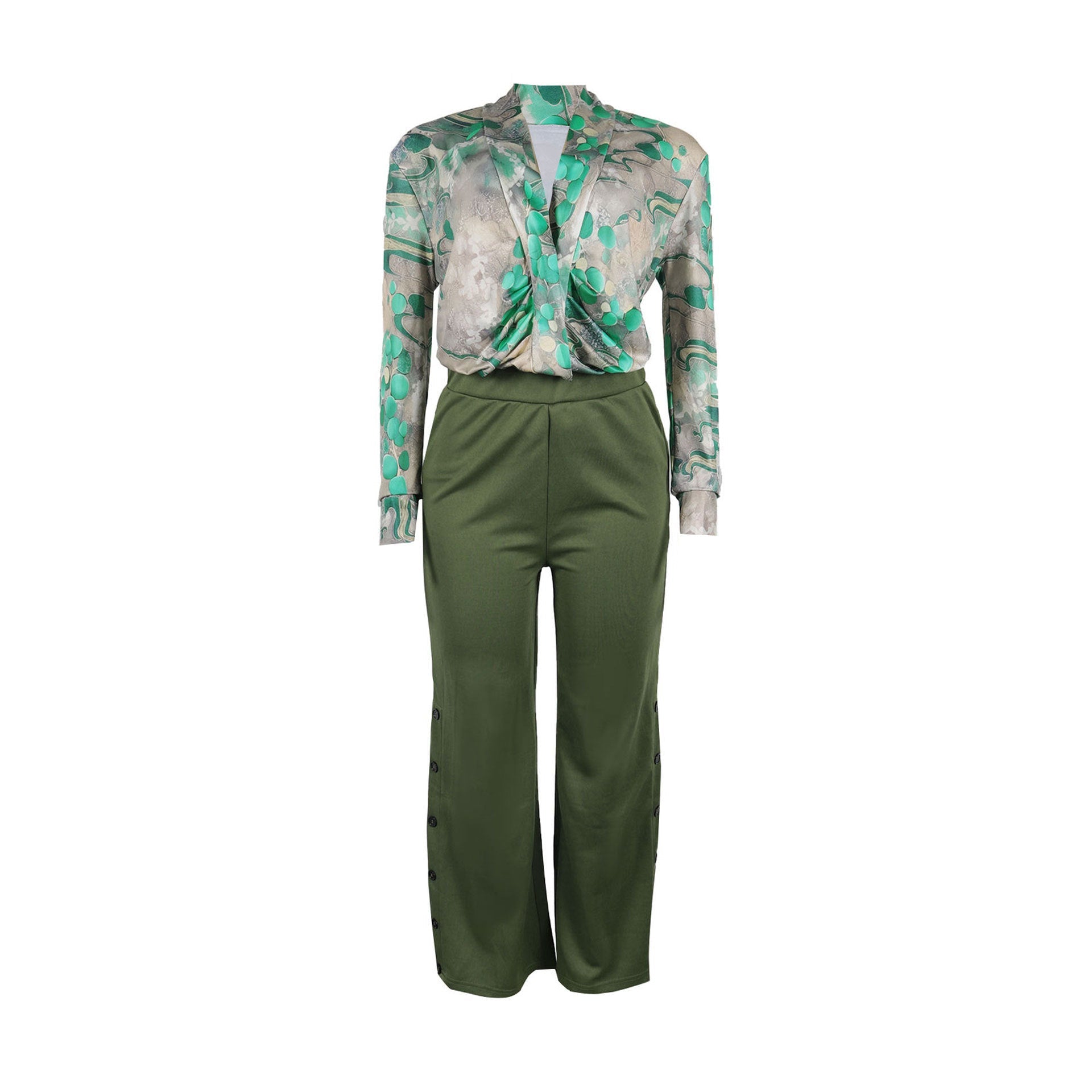Vintage Printed V-Neck Shirt Wide Leg Pants Set