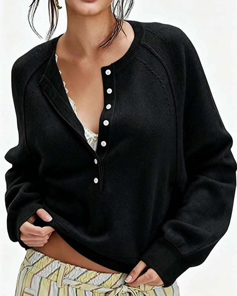 Effortless Button-Front Knit Pullover