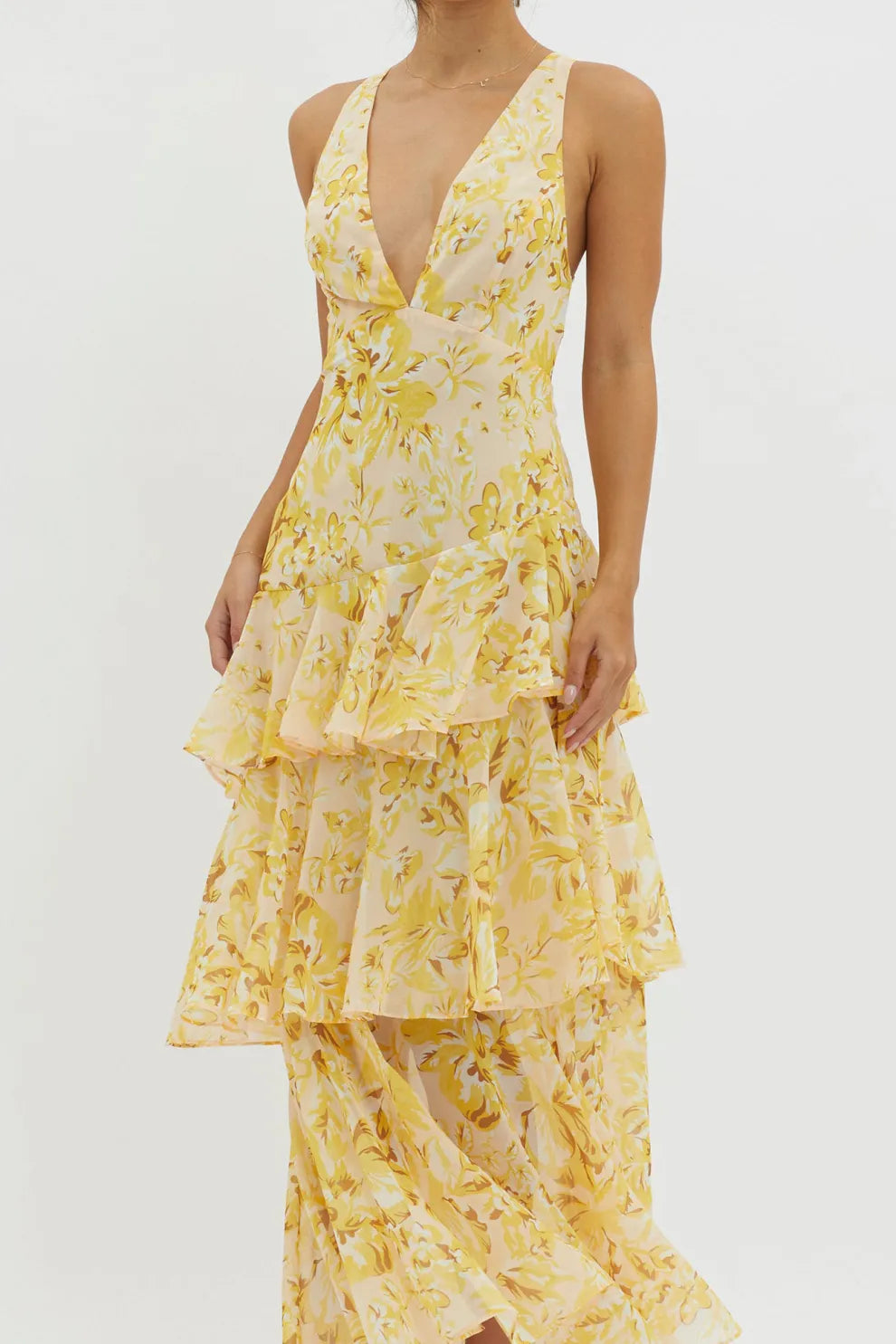 Floral Print Tie up Back Chiffon Tiered Dress