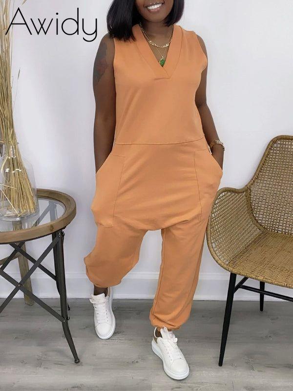 V-Neck Sleeveless Jumpsuit--Clearance