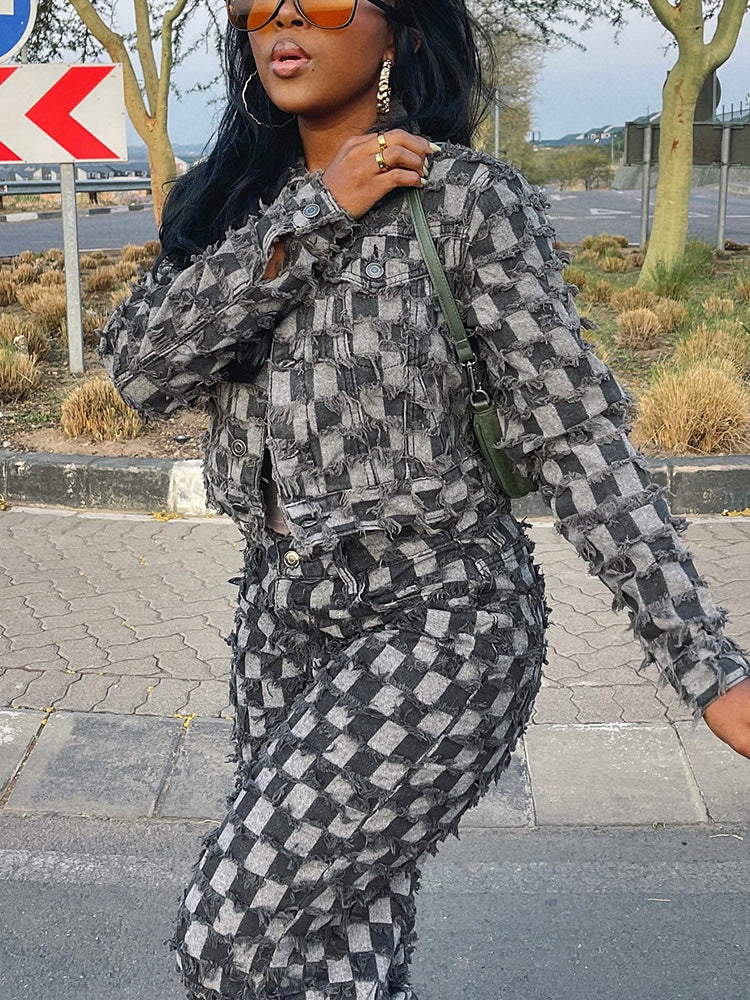 Classic Checkered Denim Jacket And Jeans Set