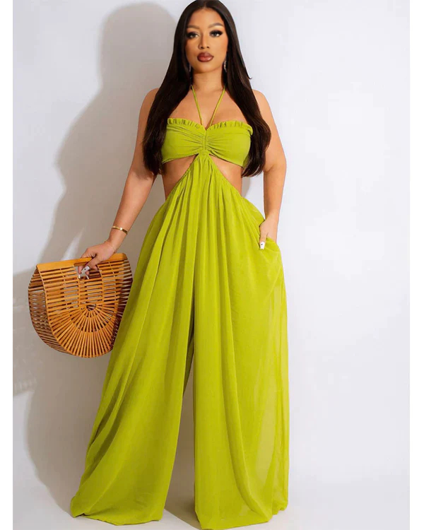 SMOCKED HALTER TOP WIDE LEG JUMPSUIT LIGHTGREEN