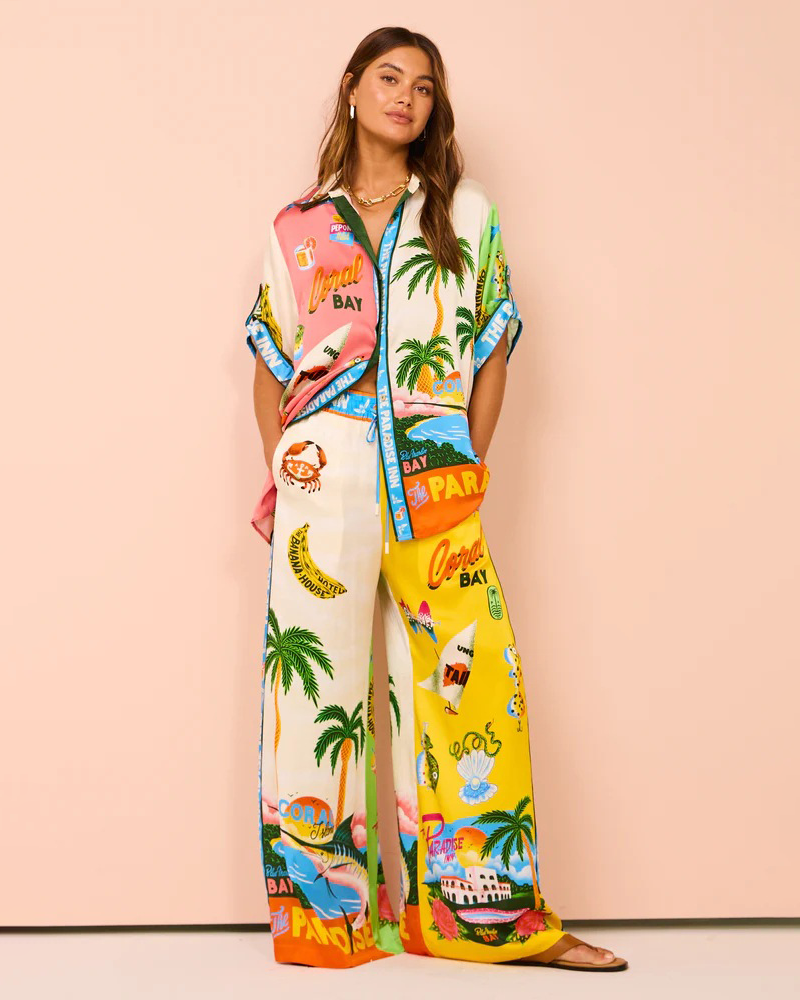 Iman Ivory Floral Art Pants Set White
