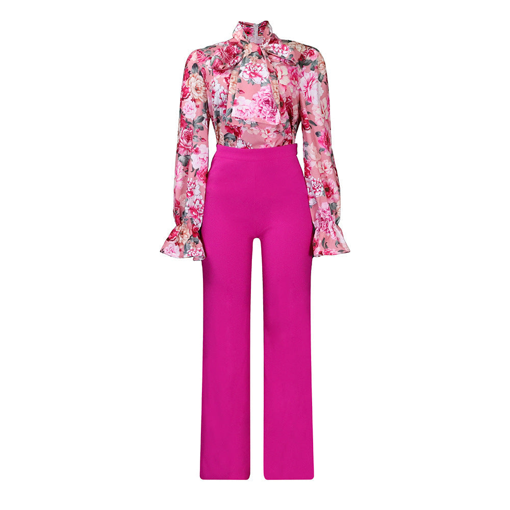 Casual Printed Long Sleeve Shirt Wide Leg Pants Sets