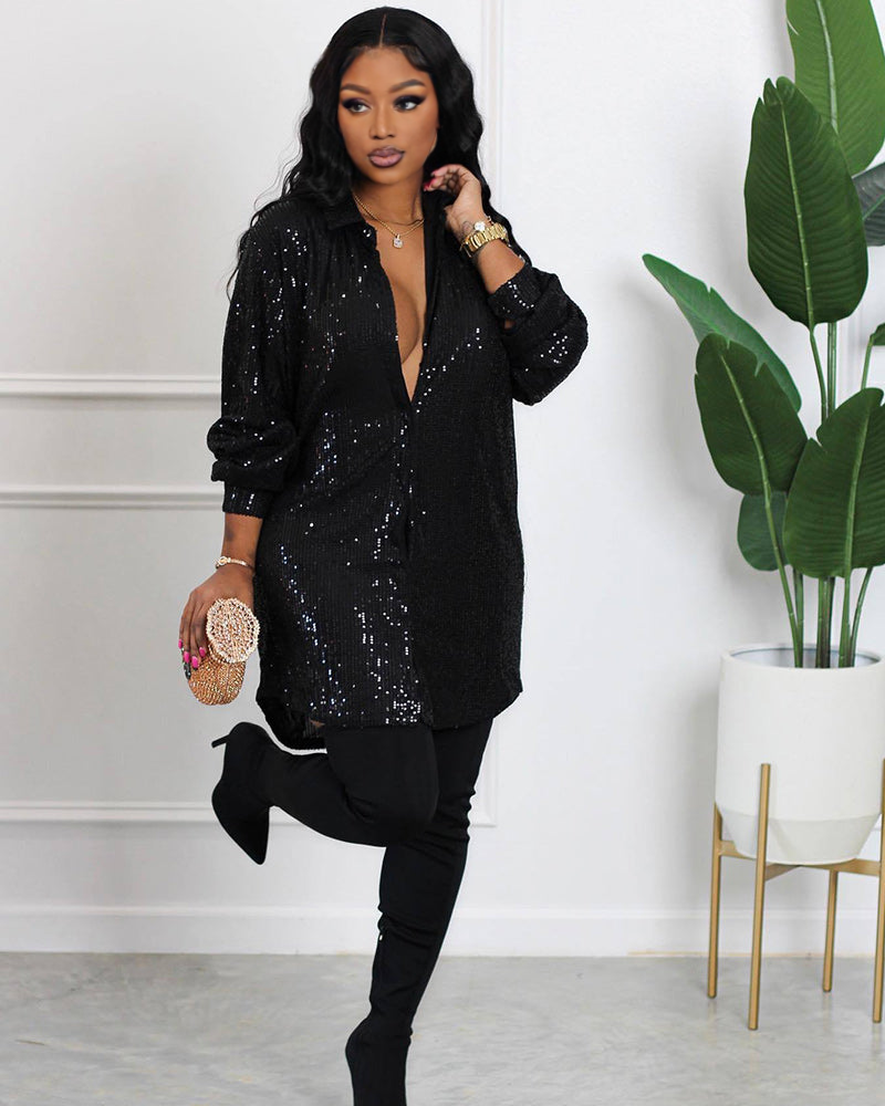 Night Queen Sequin Shirt Dress Black