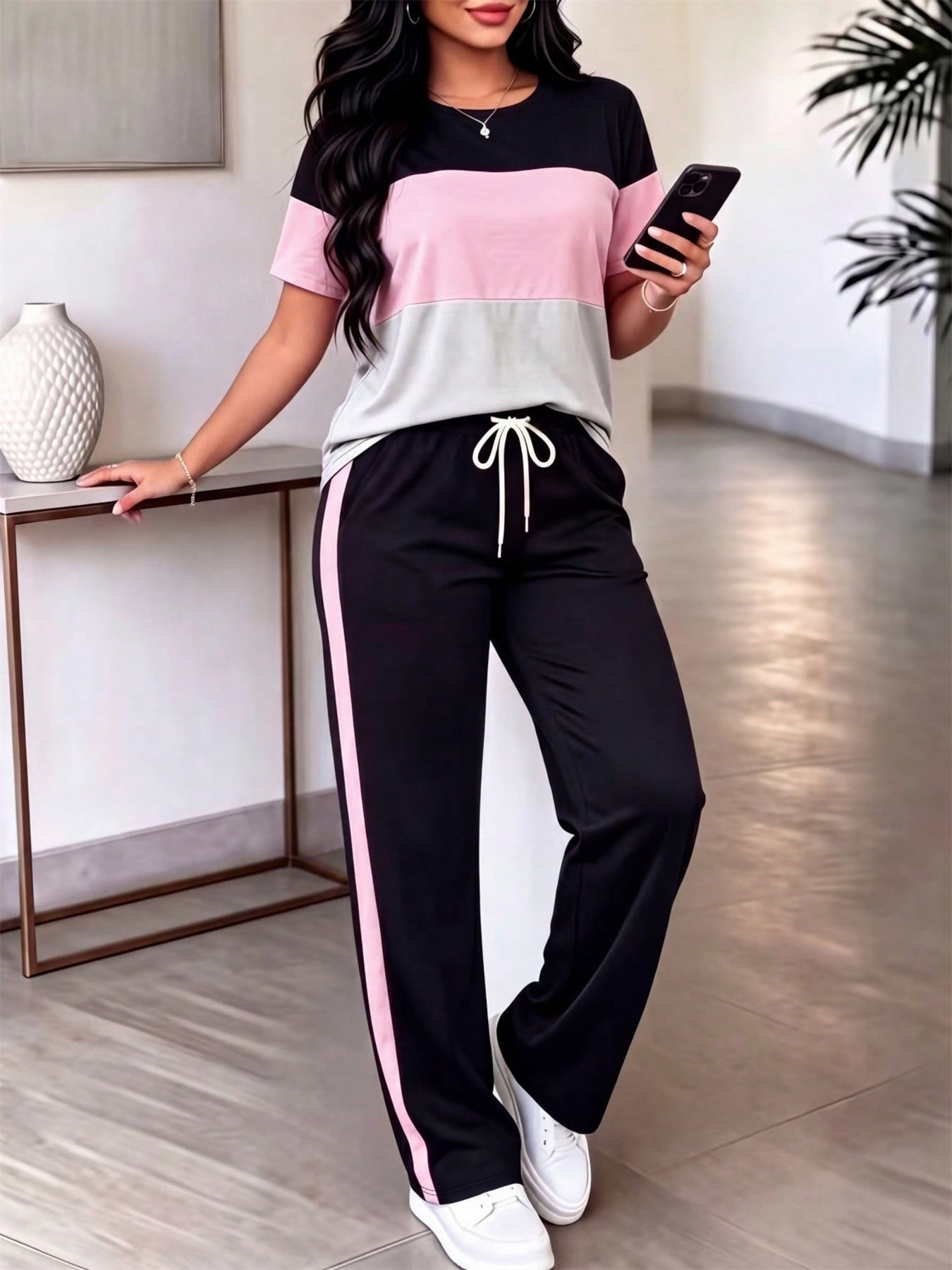 Striped T-Shirt & Drawstring Pants Two-Piece Set for Spring/Summer Casual