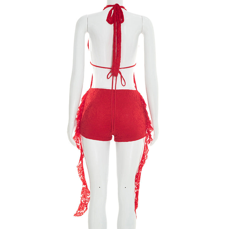 Solid Lace Patchwork Halter Neck Low Back Ruffle Jumpsuit for Party Wear