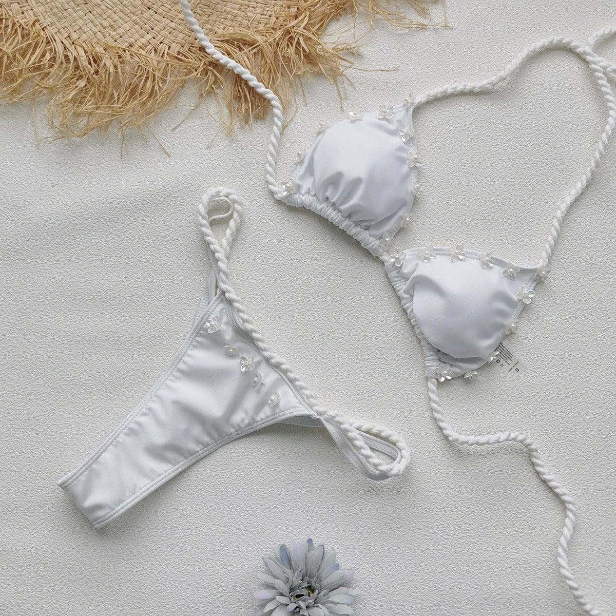 White Rope Lace-Up Backless Two-Piece Bikini for Pool Parties
