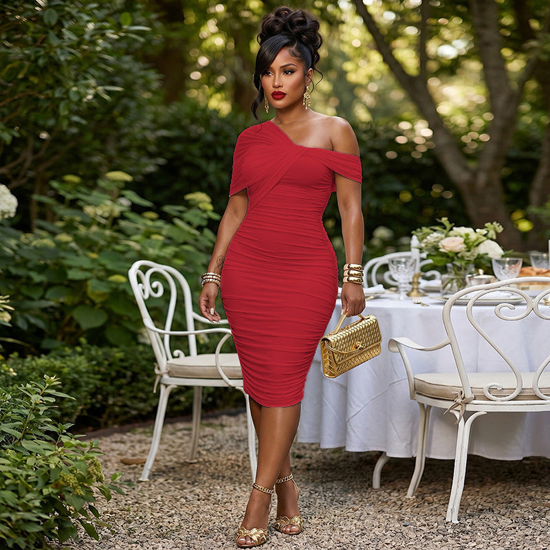 Slash Shoulder Sleeveless Bodycon Long Dress for Career Wear