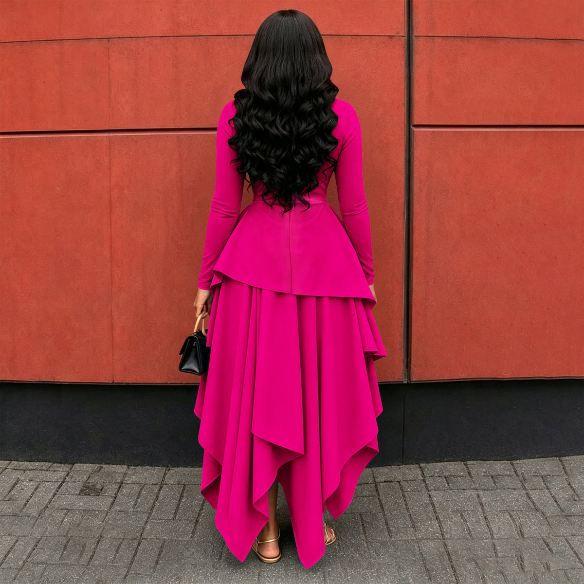 Round Neck Long Sleeve Ruffle Hem Irregular Flare Dress for Casual Wear