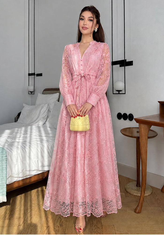 Lace Embroidery V-Neck Long Sleeve Maxi Dress for Summer