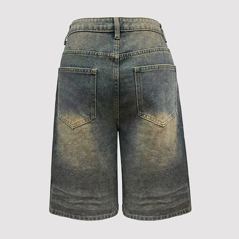 Beaded Wide-Leg Denim Knee-Length Shorts for Spring & Fall Streetwear