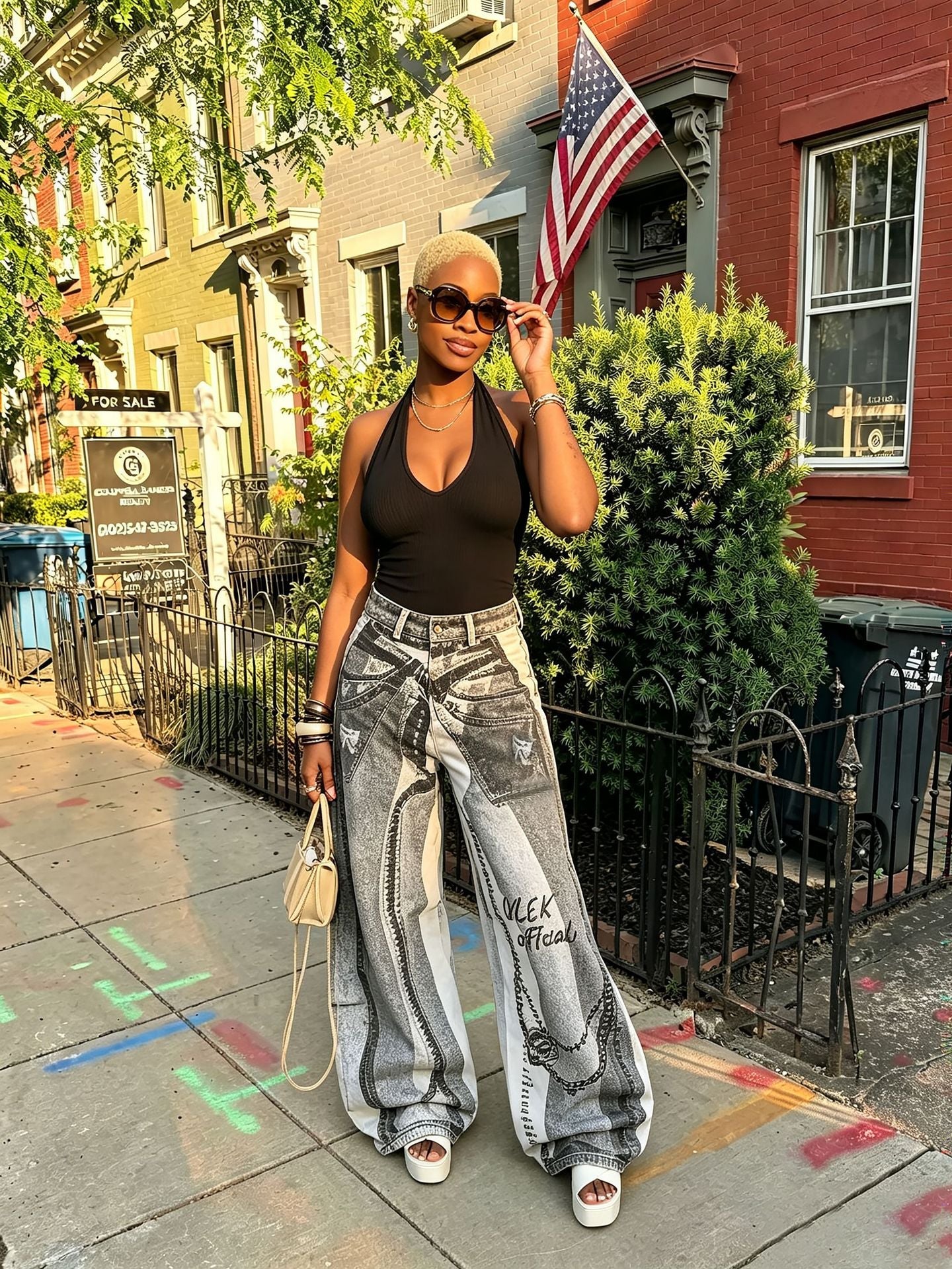 Faux Two-Piece Chain Letter Print Denim Pants for Streetwear