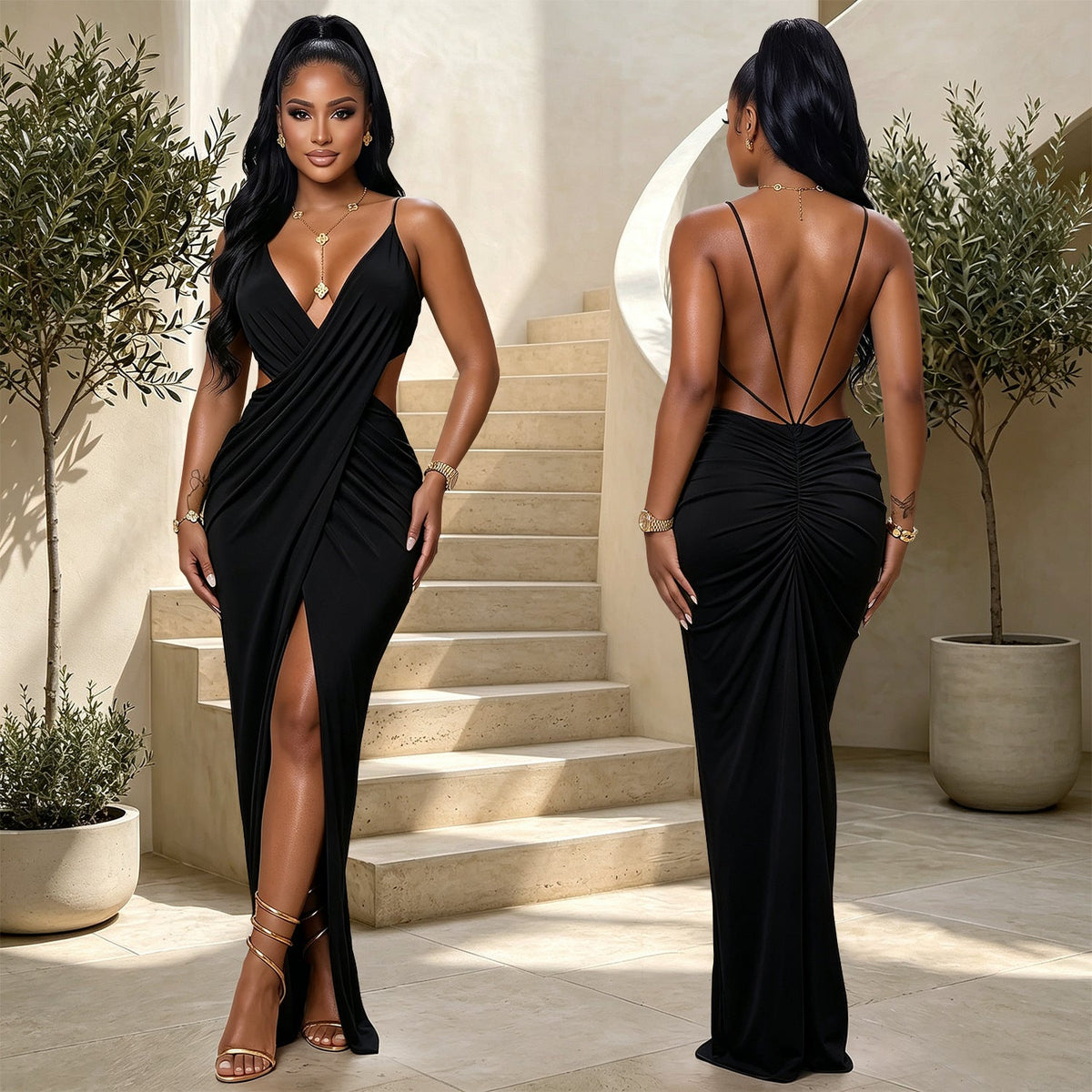 Strap V-Neck Cross Cutout Slit Bodycon Dress for Formal Parties