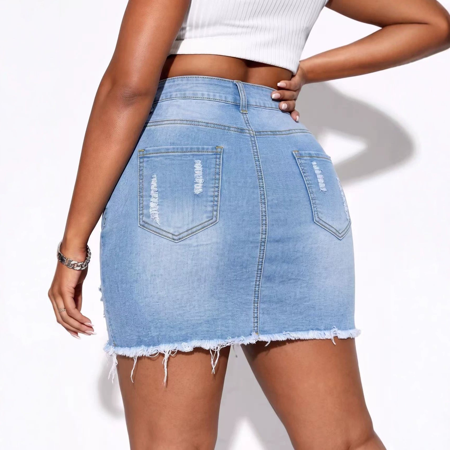 Ripped Washed Denim Skirt for Summer Casual Wear