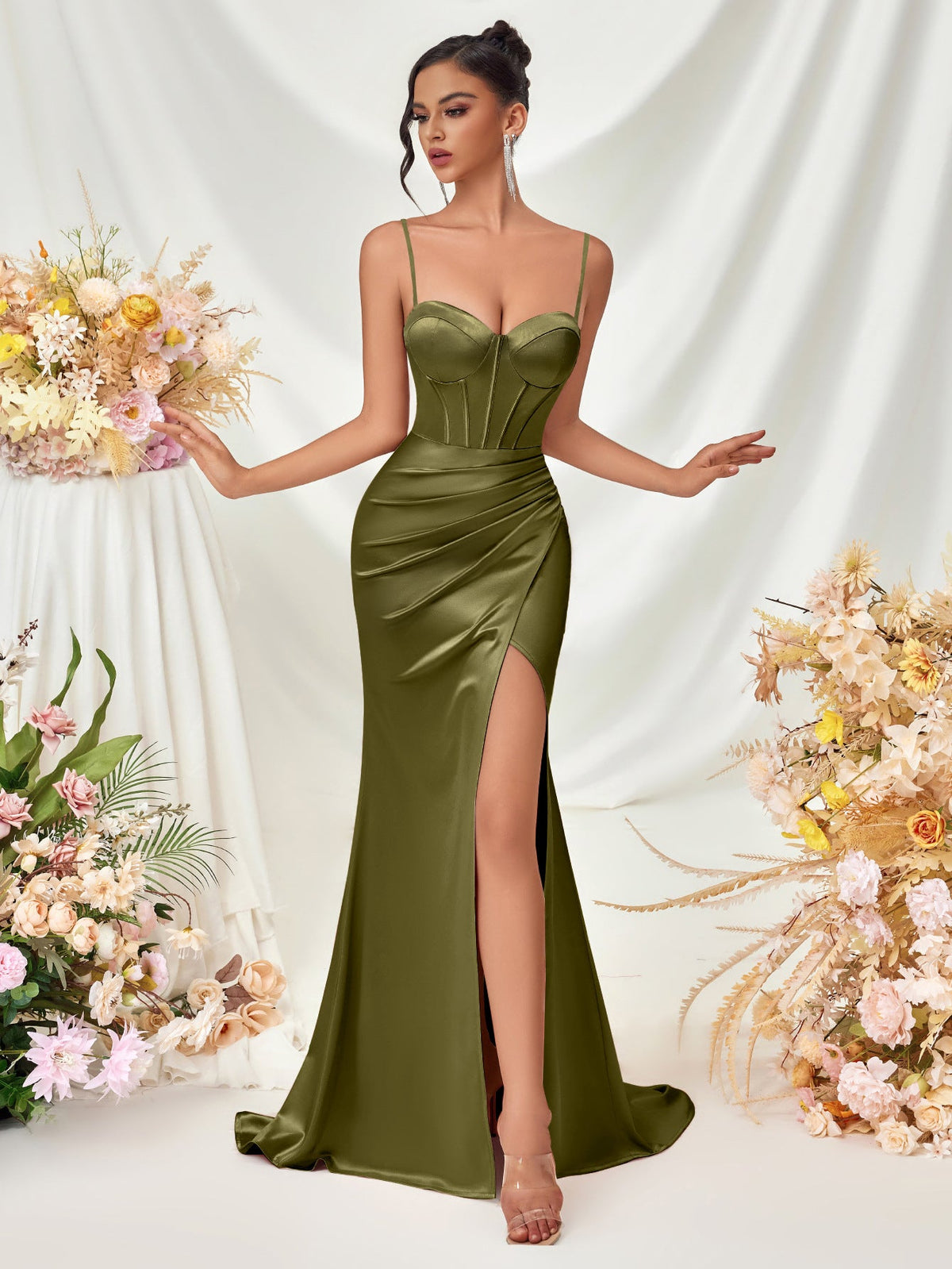 Strapless Slit Spaghetti Strap Maxi Dress for Evening Parties