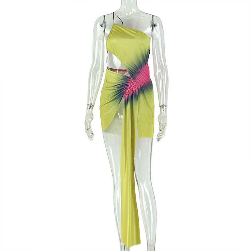 Color Block Backless Irregular Slash Shoulder Strapless Mini Dress for Clubwear