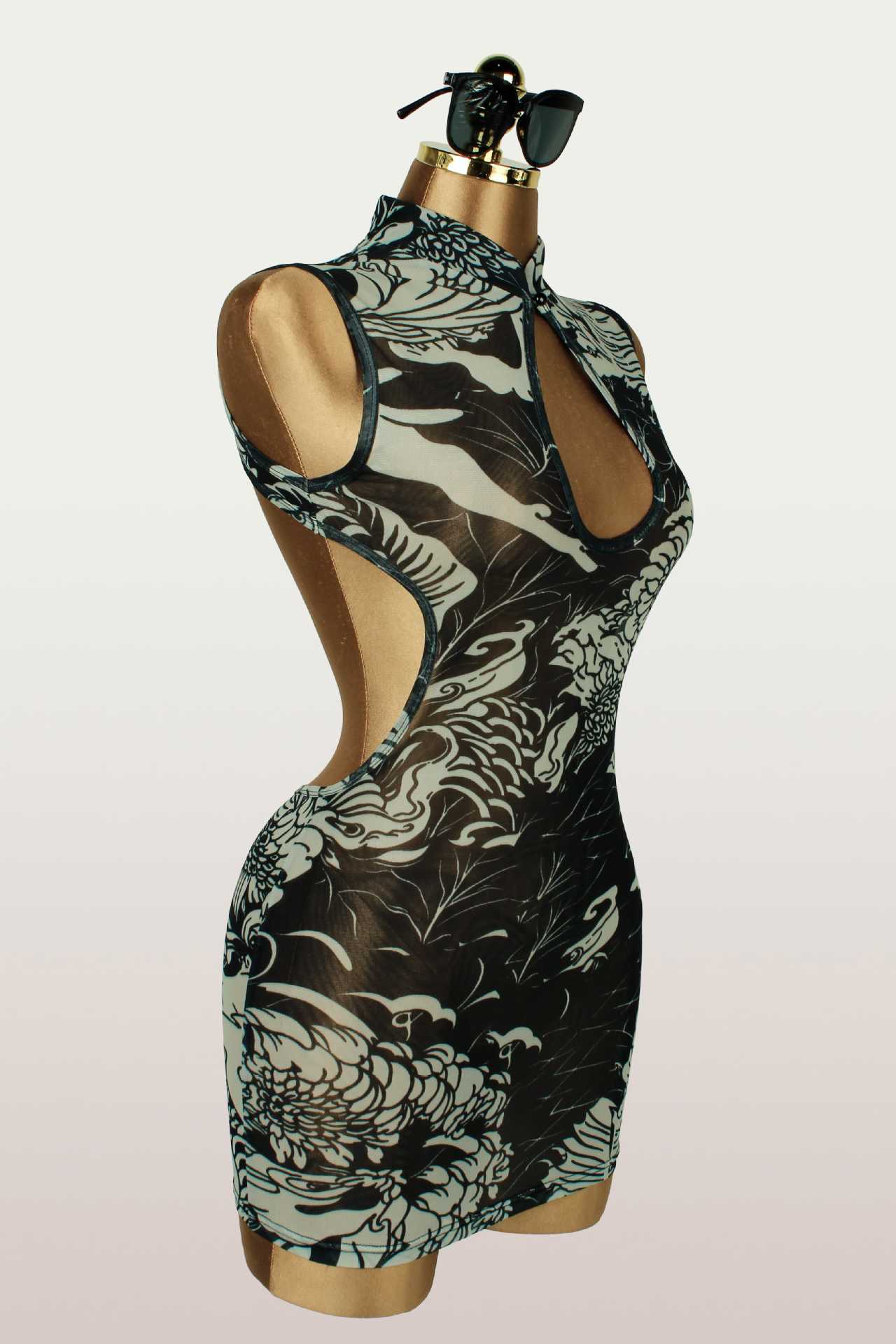 Mesh See-Through Sleeveless Backless Hollow-Out Bodycon Dress for Clubwear