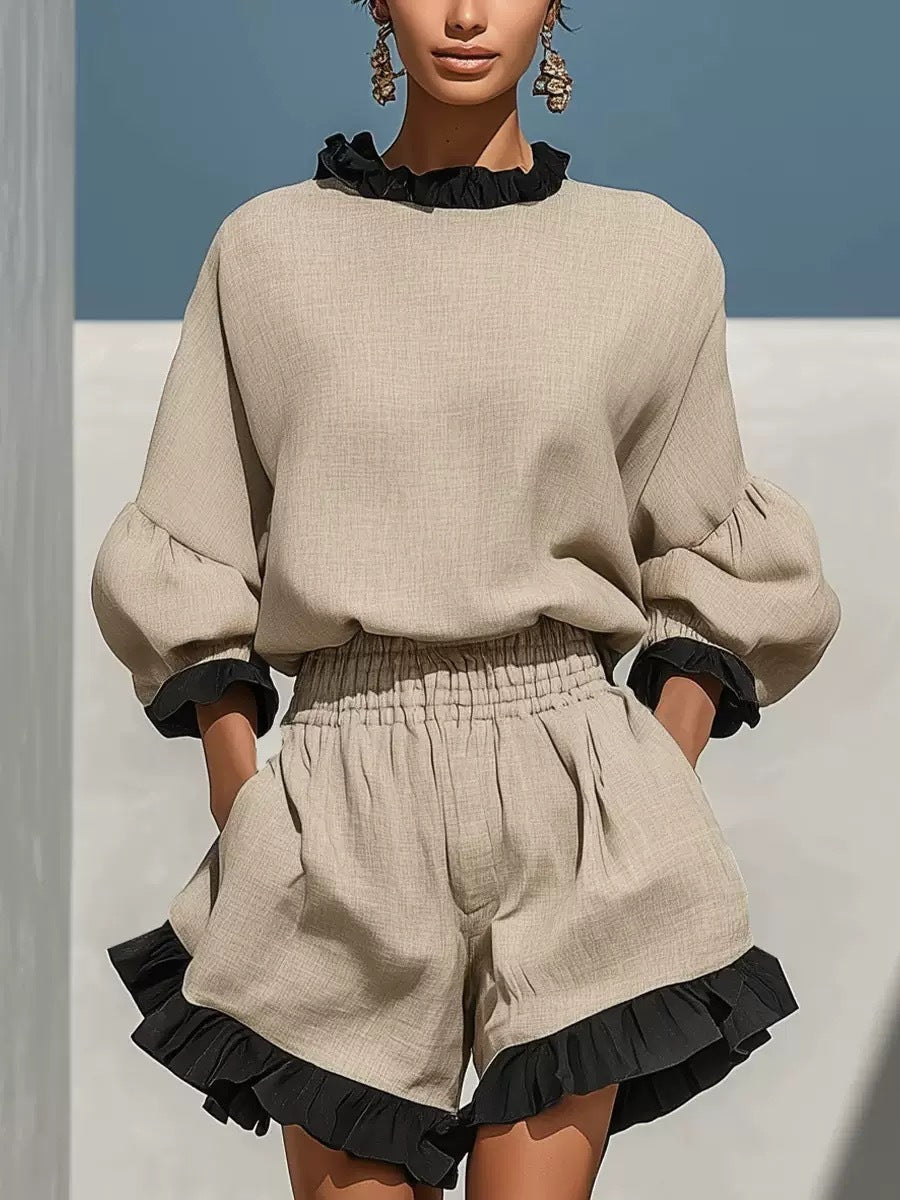 Color-Block Ruffle Linen Round-Neck Lantern-Sleeve Top & High-Waisted Pocket Shorts Two-Piece Set