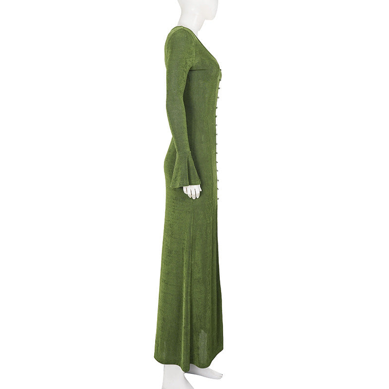 Solid Deep V-Neck Button Front Bell Sleeve Slim Fit Maxi Dress for Formal Events