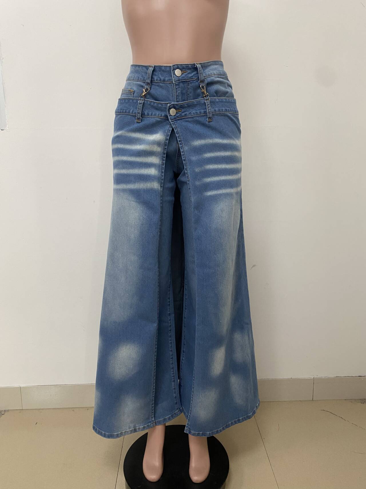 Faux Two-Piece Layered Gradient Distressed Wide-Leg Pants for Streetwear