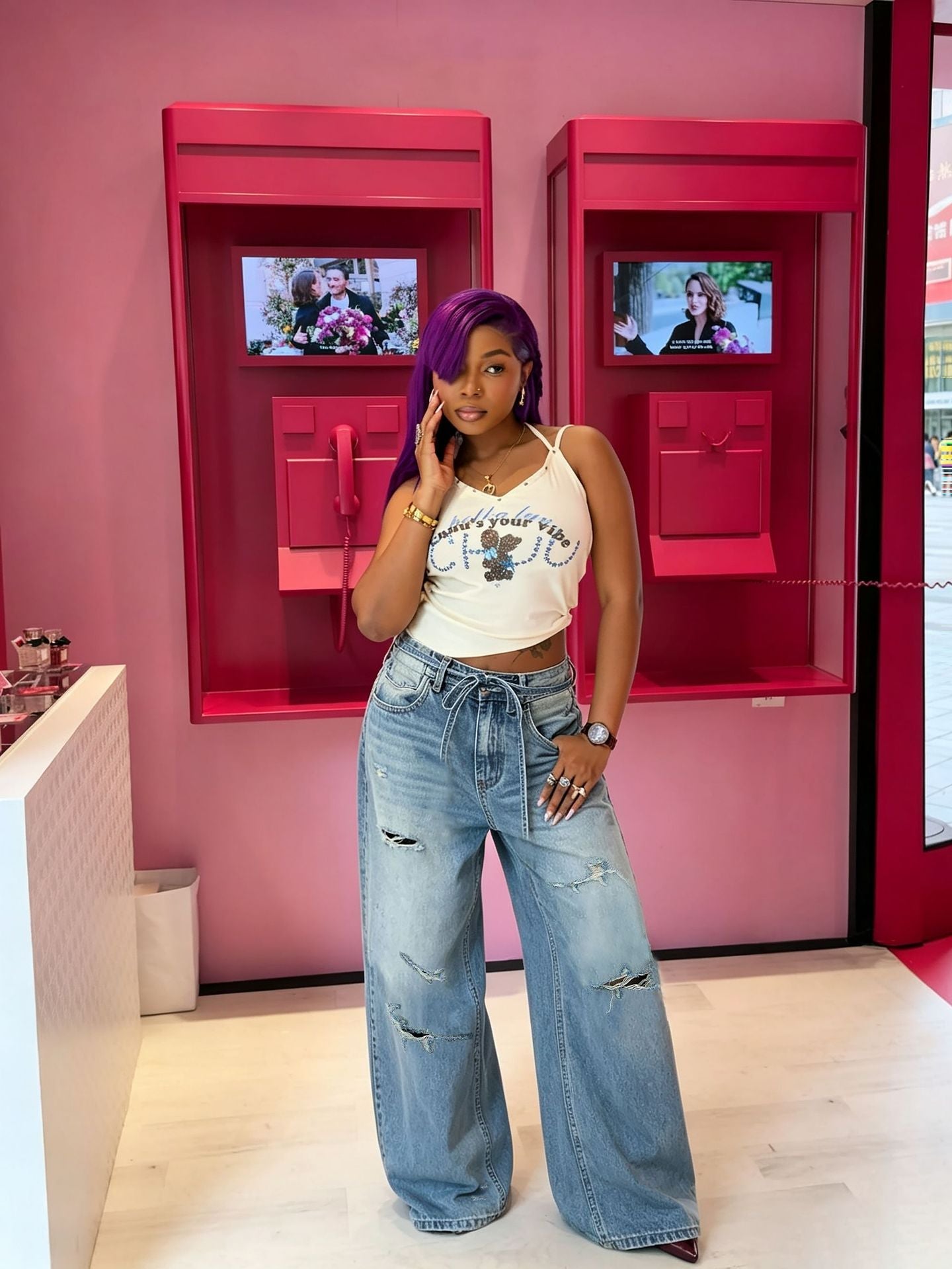 Ripped Drawstring Washed Denim Pants for Streetwear