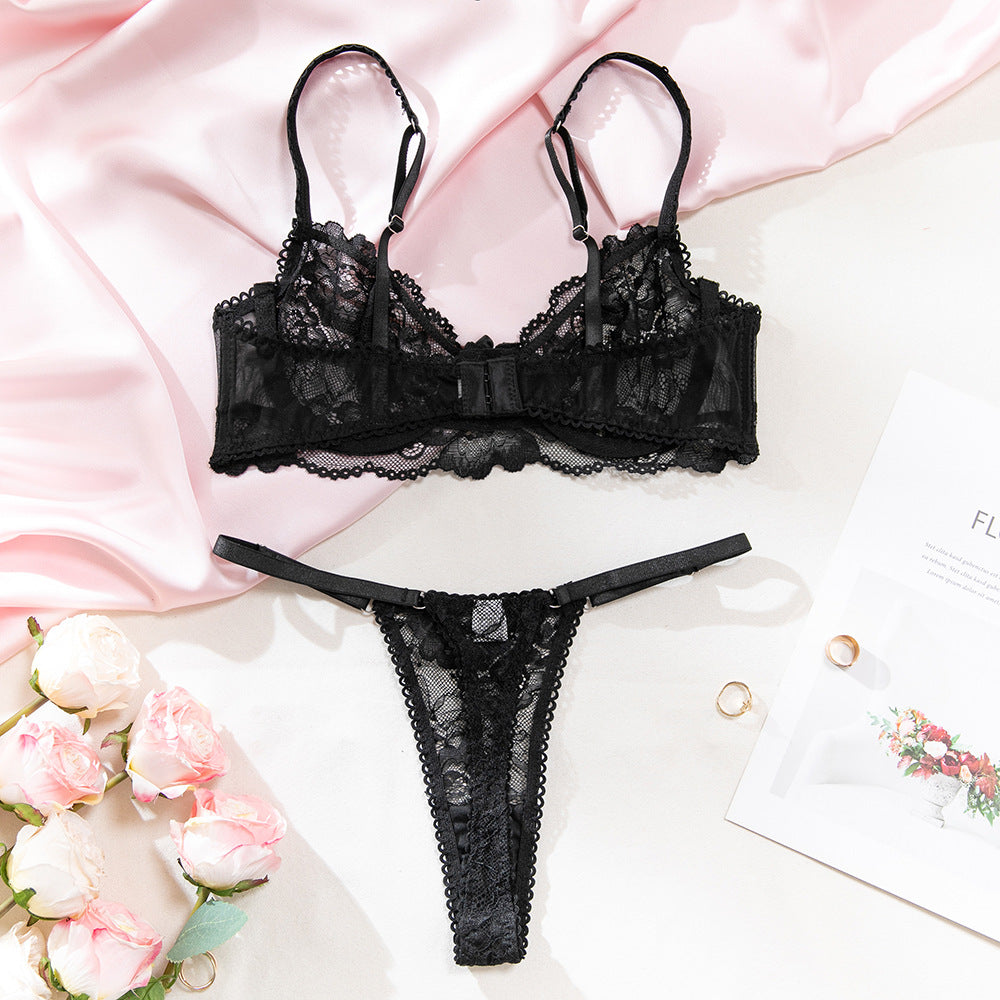 Black Lace See-Through Push-Up Bra & Adjustable Thong Lingerie Set