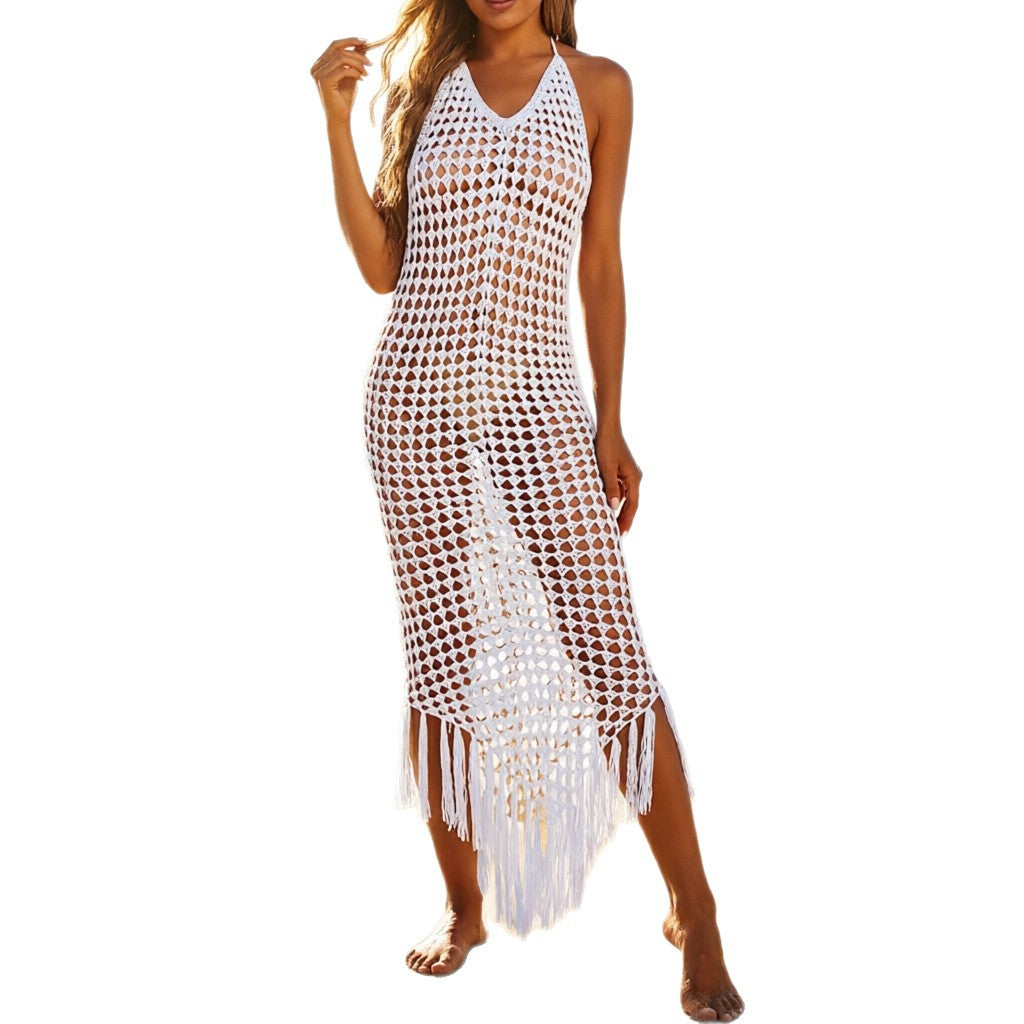 White Crochet Low Back Maxi Dress for Beachwear