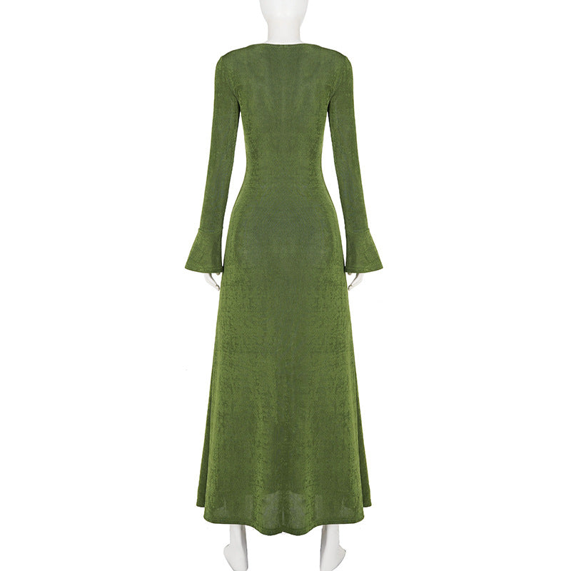 Solid Deep V-Neck Button Front Bell Sleeve Slim Fit Maxi Dress for Formal Events