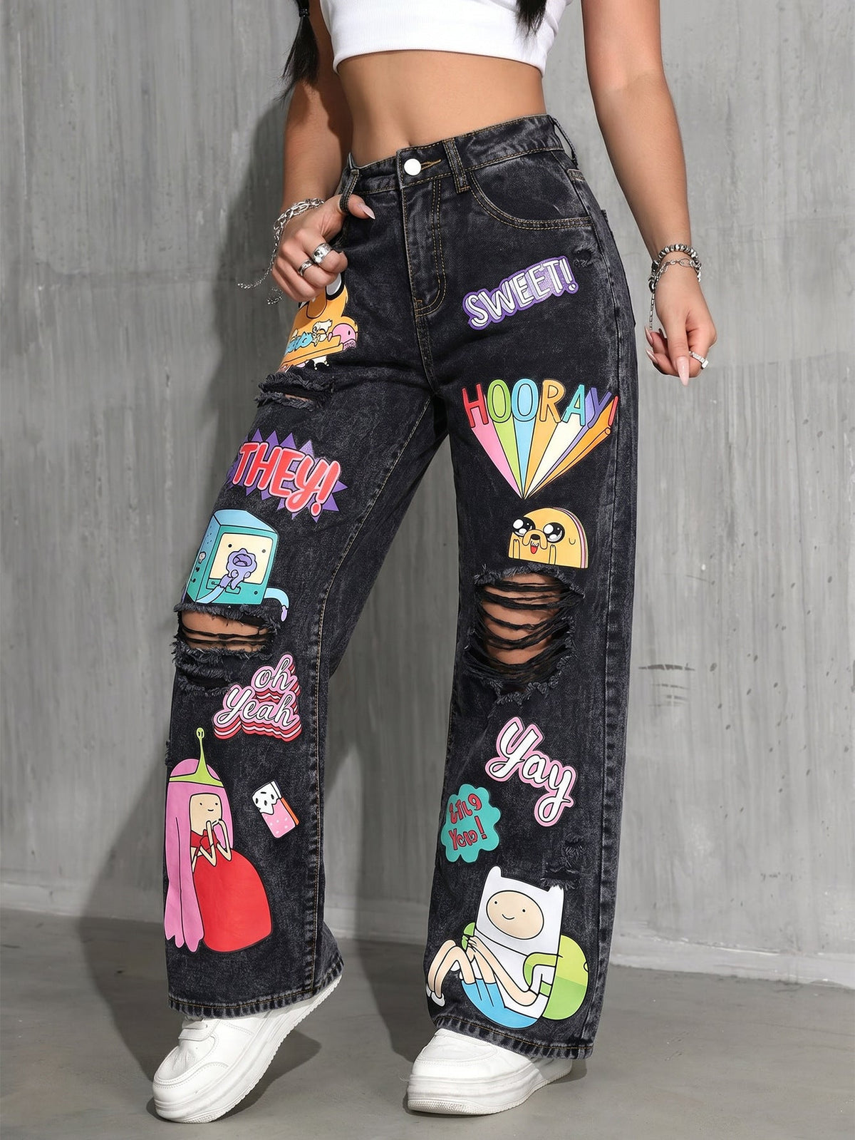 High Waist Washed Printed Ripped Wide Leg Denim Jeans for Casual Streetwear