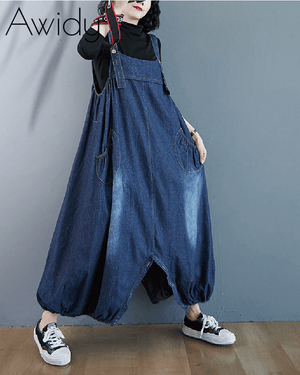 Denim Buttoned Overalls Dress Jumpsuit