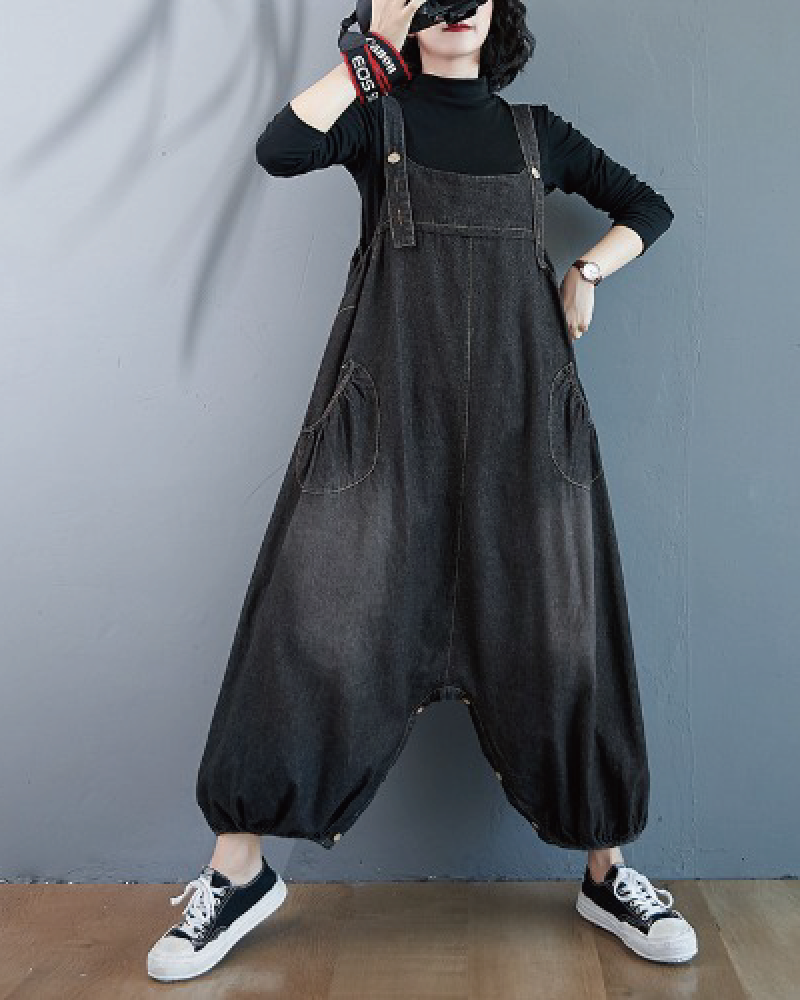 Denim Buttoned Overalls Dress Jumpsuit Black One size