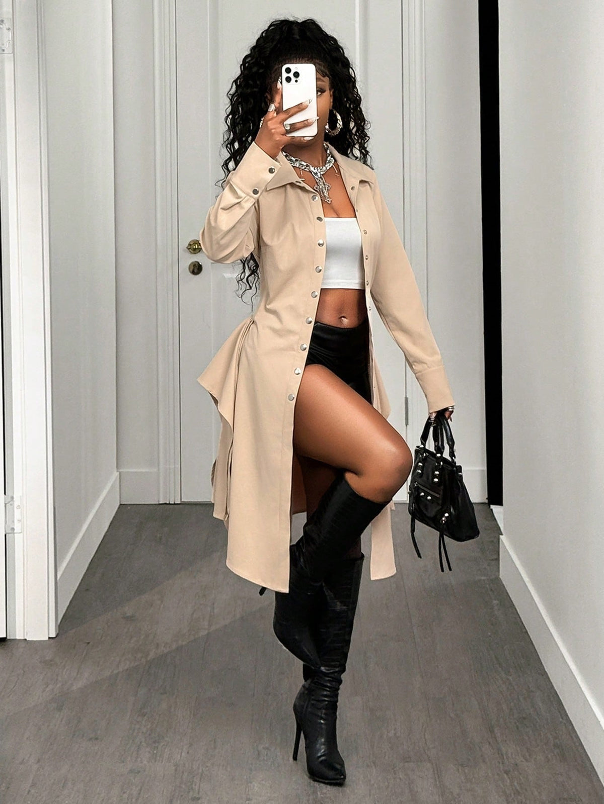 Turndown Collar Lace-Up Long Sleeve Shirt Dress for Autumn