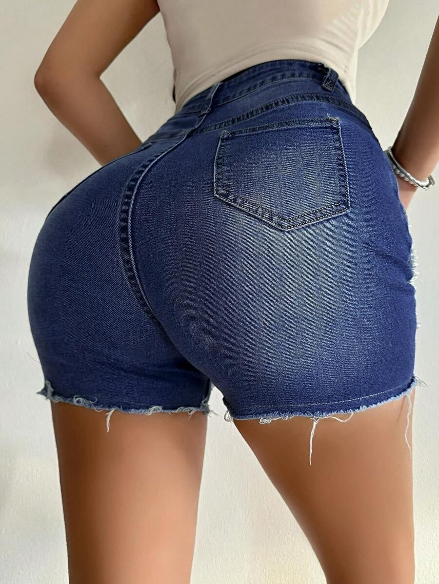 High Waist Slim Fit Ripped Beaded Denim Shorts for Summer Streetwear