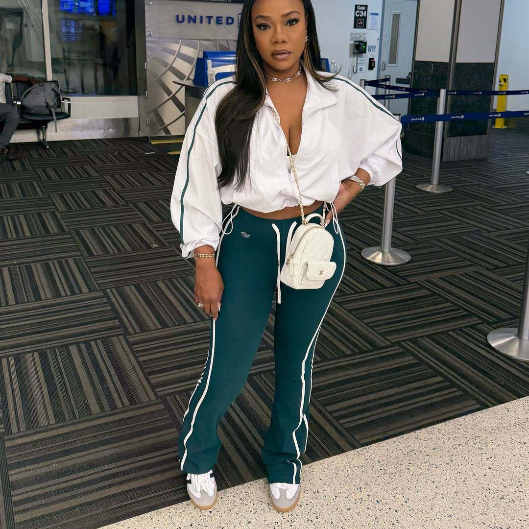 Stretchy Side White Stripe Drawstring Bell Bottom Pants for Casual Activewear