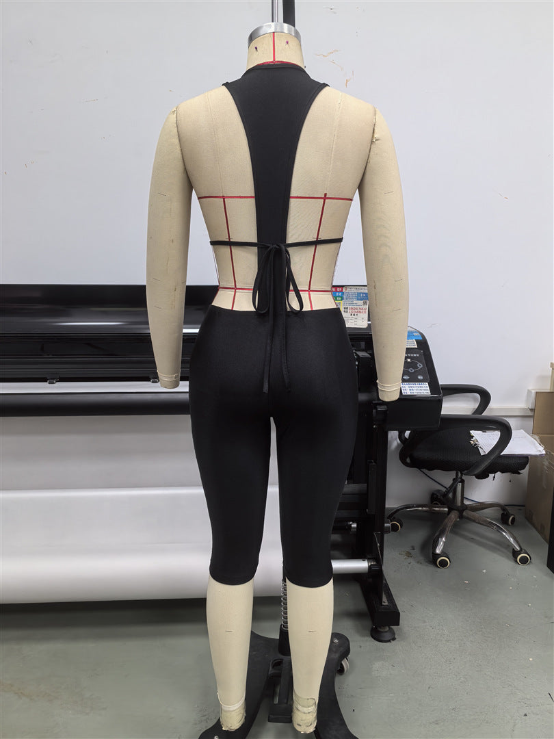 Solid Open Waist Halter Neck Tight Fitting Jumpsuit for Summer Clubwear