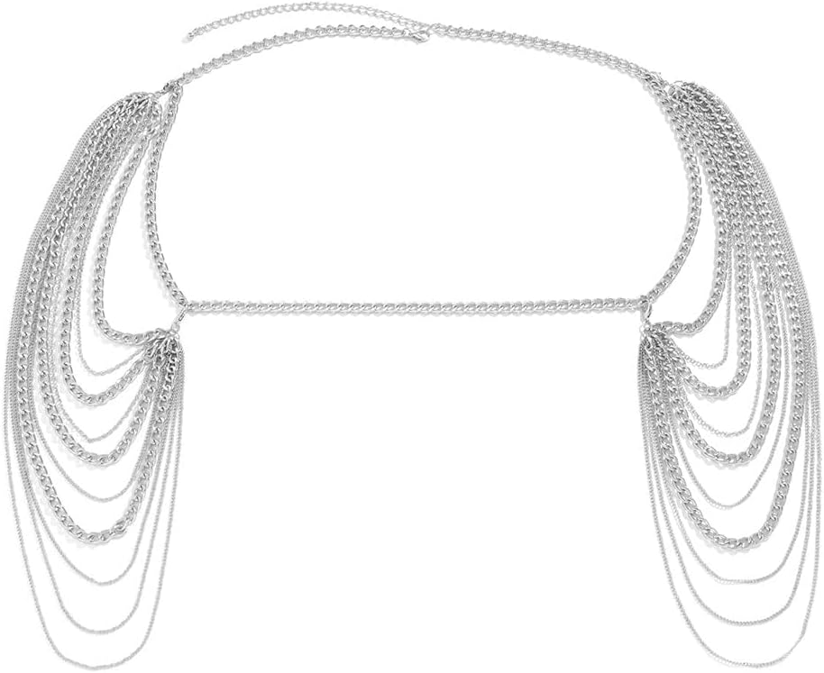 Aethers & Co A13 Bride Women Shiny Statement Tassel Body Chain Jewelry Shawl Silver Gold Dainty Body Jewelry Layered Shoulder Chain Wedding Party Nightclub Body Accessories Jewelry for Women Bride
