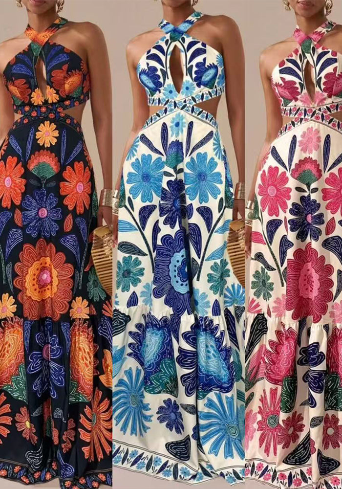 Printed Halter Bohemian Maxi Dress for Summer Vacations