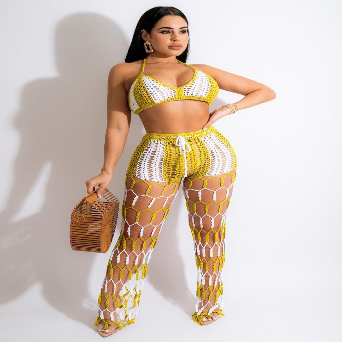 Color Block See-Through Hollow-Out Crochet Fishnet Pants Two-Piece Set for Beachwear