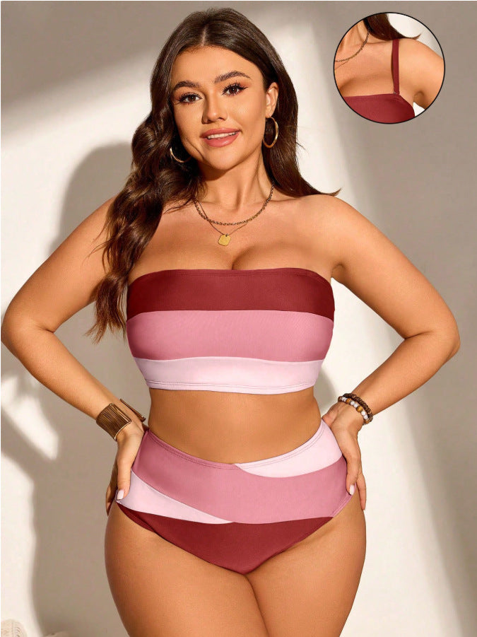 Plus Size Multicolor Patchwork Two-Piece Swimsuit for Beachwear