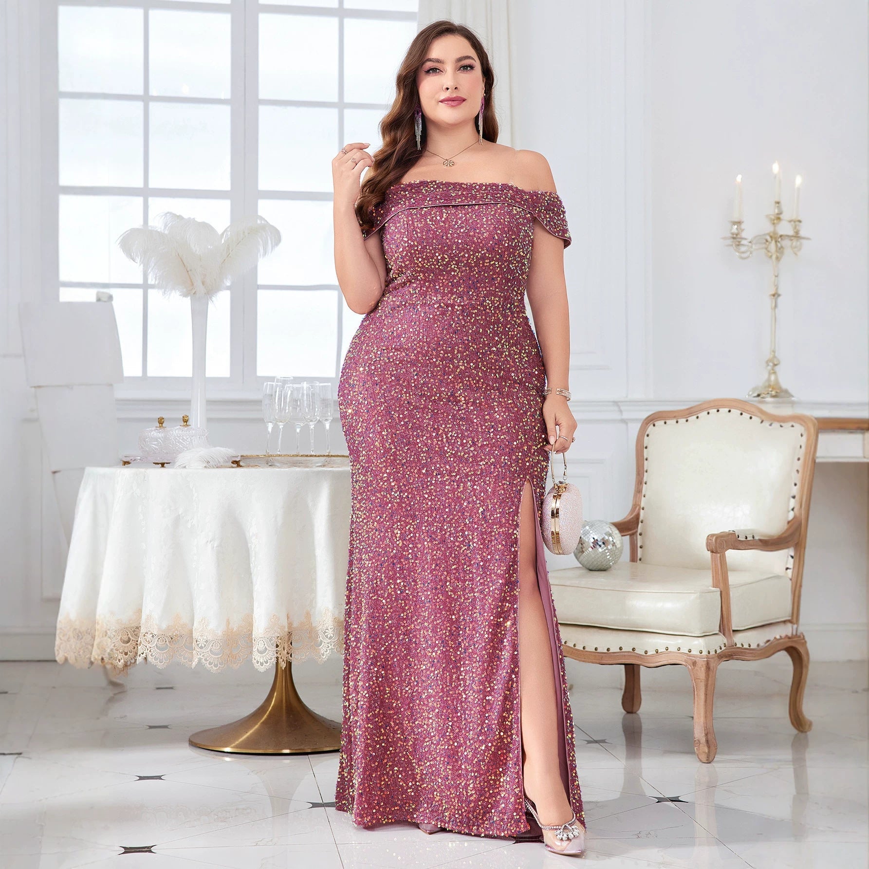 Plus Size Off-Shoulder Sequin Slit Dress for Formal Evening Parties