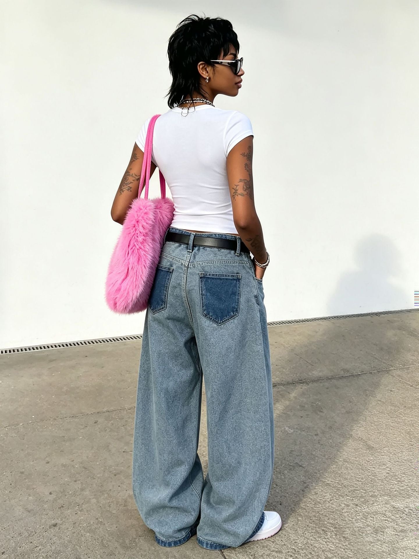 Letter Embroidered Pocket Washed Denim Pants for Streetwear