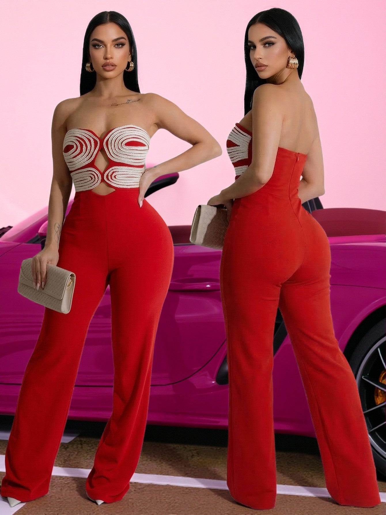 Color Block Webbing Strapless Jumpsuit for Club Wear