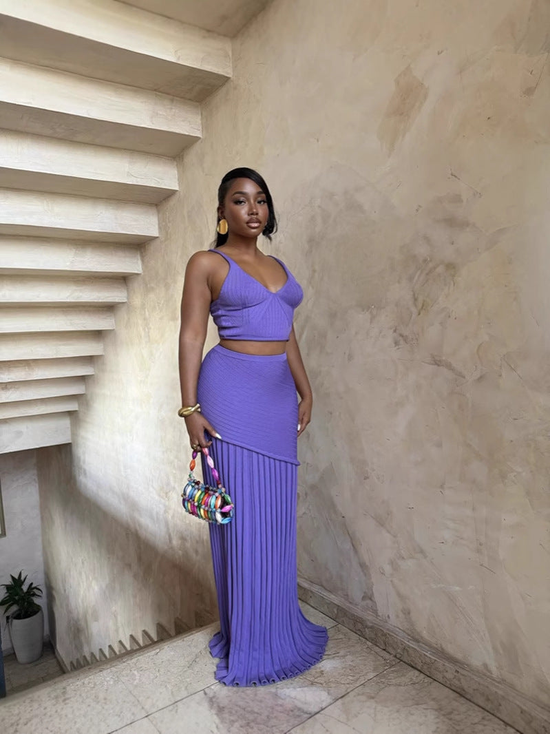 V-Neck Cami Top & Pleated Skirt Two-Piece Set for Summer