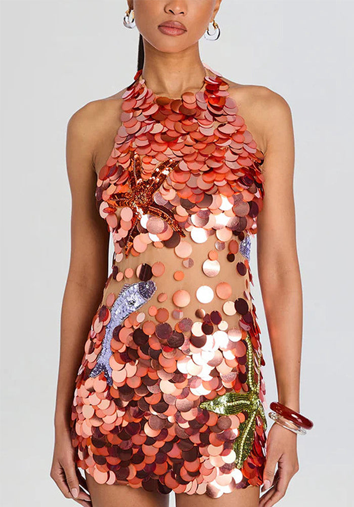 Sequin Embroidery See-Through Halter Neck Low Back Bodycon Mini Dress for Clubwear